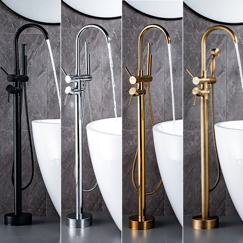 全銅落地式浴缸水龍頭缸邊式木桶立柱盆淋浴獨(dú)立冷熱酒店落地花灑