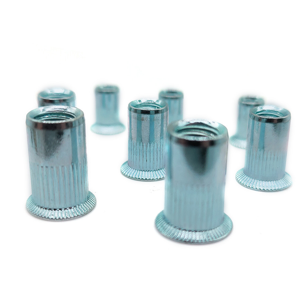 拉鉚螺母 碳鋼平頭豎條紋鍍藍(lán)白鋅滾花拉母M3-M12拉鉚卯螺母加工