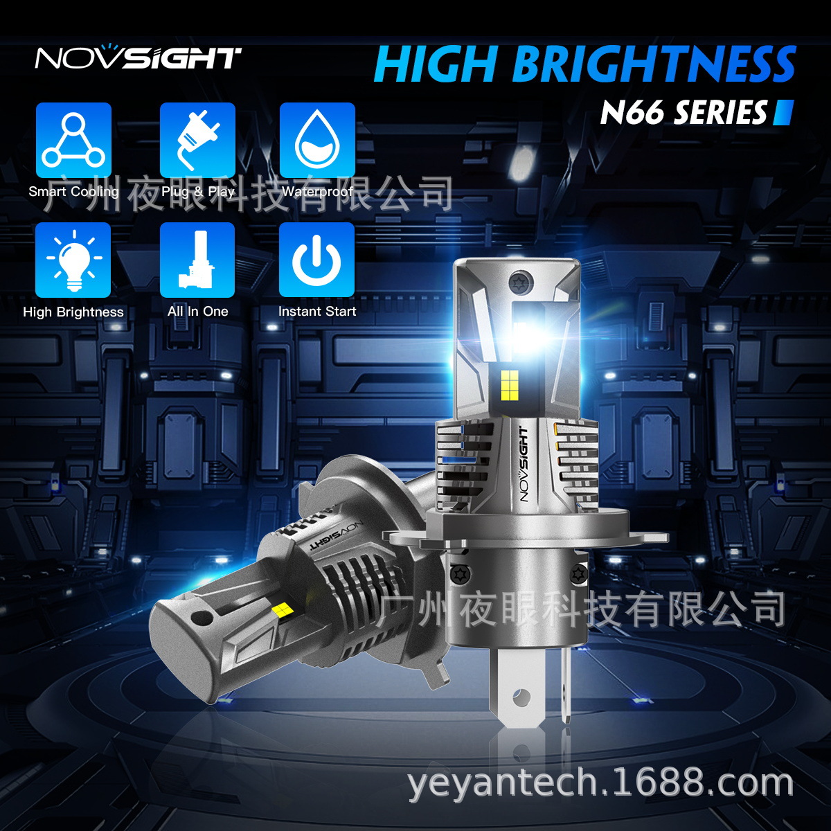 廠家直供LED車燈跨境新款H4 燈泡汽車LED前照大燈NOVSIGHT N66系